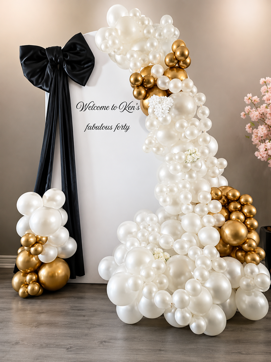 Elegant Birthday White & Gold Balloon Backdrop Arch
